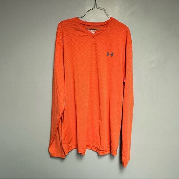 Under Armour Orange Long sleeve shirt Men’s size 2XL stripes v neck - Picture 1 of 3